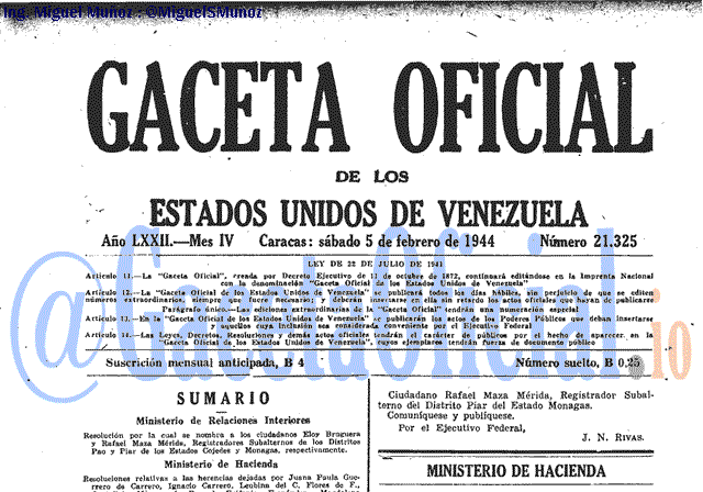 Gaceta Oficial 21325 del 5 Febrero 1944