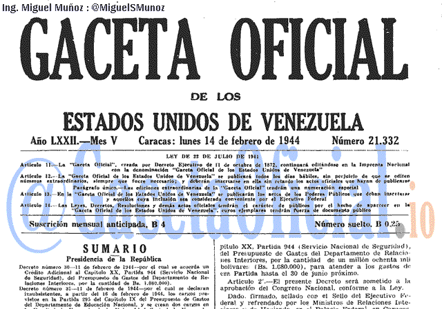 Gaceta Oficial 21332 del 14 Febrero 1944