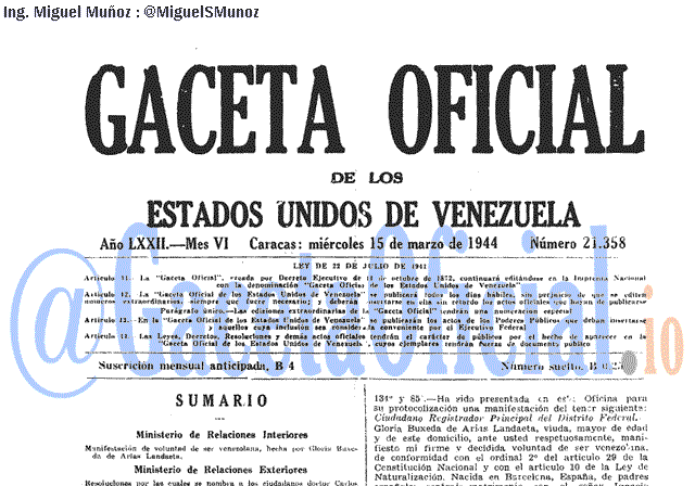 Gaceta Oficial 21358 del 15 Marzo 1944