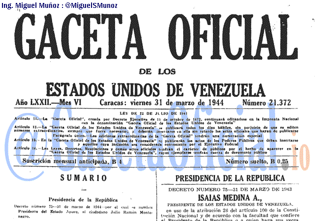 Gaceta Oficial 21372 del 31 Marzo 1944