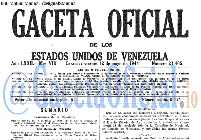 Gaceta Oficial 21405 del 12 Mayo 1944