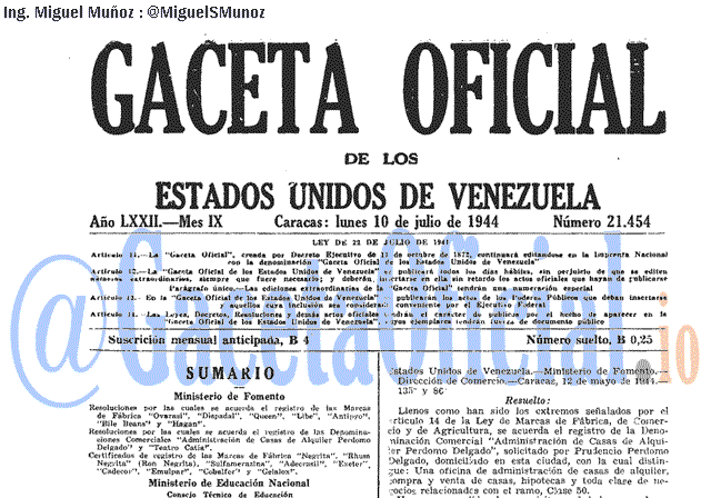 Gaceta Oficial 21454 del 10 Julio 1944