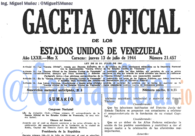 Gaceta Oficial 21457 del 13 Julio 1944