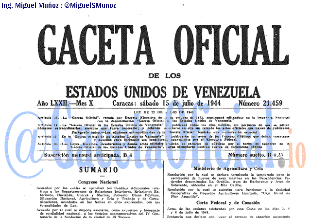 Gaceta Oficial 21459 del 15 Julio 1944