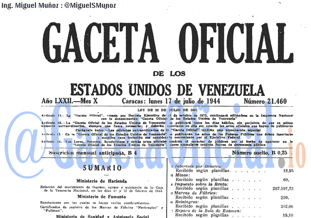 Gaceta Oficial 21460 del 17 Julio 1944