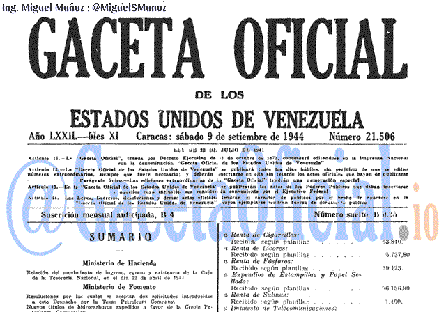 Gaceta Oficial 21506 del 9 Septiembre 1944