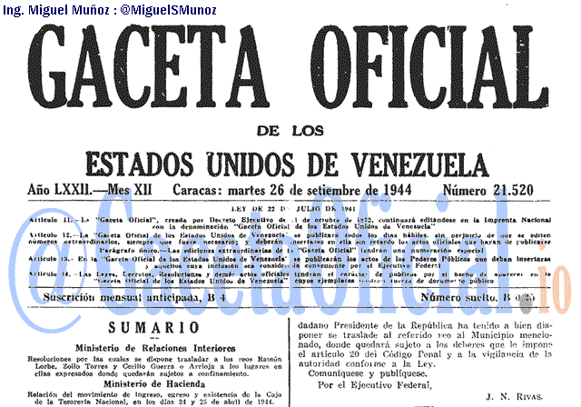 Gaceta Oficial 21520 del 26 Septiembre 1944