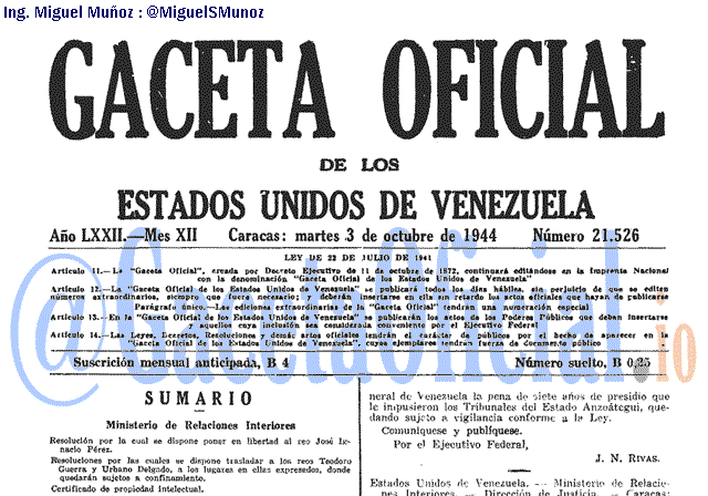 Gaceta Oficial 21526 del 3 Octubre 1944