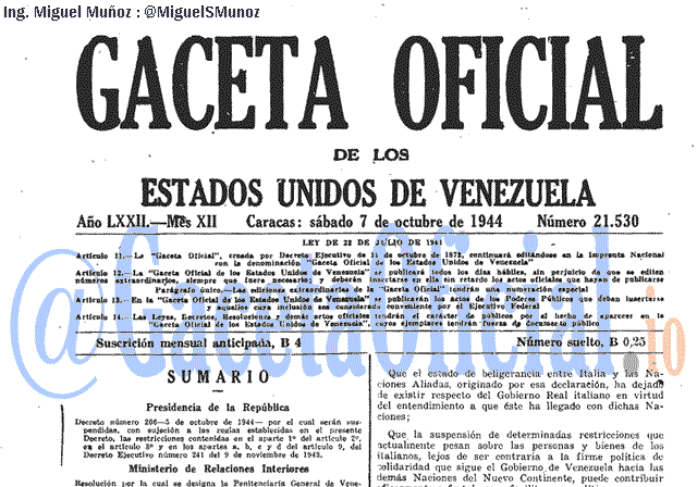 Gaceta Oficial 21530 del 7 Octubre 1944