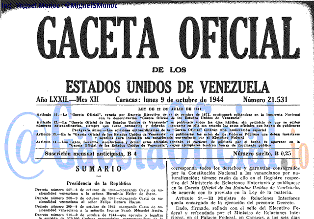 Gaceta Oficial 21531 del 9 Octubre 1944