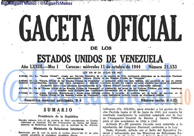 Gaceta Oficial 21533 del 11 Octubre 1944