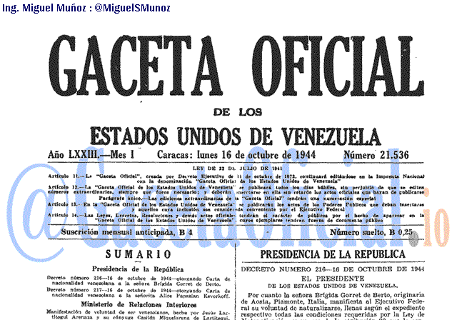 Gaceta Oficial 21536 del 16 Octubre 1944