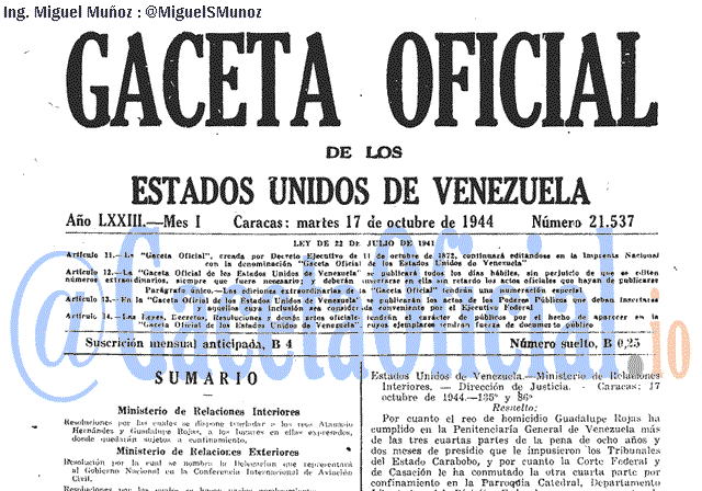 Gaceta Oficial 21537 del 17 Octubre 1944
