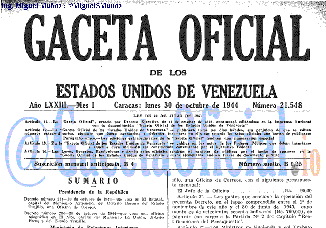 Gaceta Oficial 21548 del 30 Octubre 1944