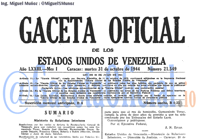 Gaceta Oficial 21549 del 31 Octubre 1944