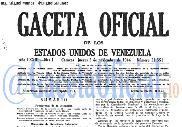 Gaceta Oficial 21551 del 2 Noviembre 1944
