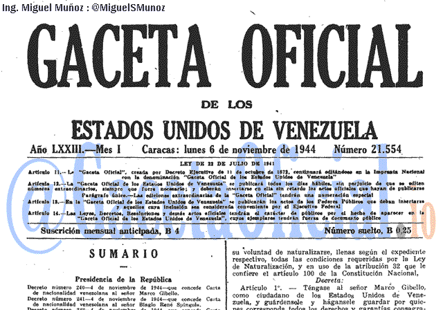 Gaceta Oficial 21554 del 6 Noviembre 1944