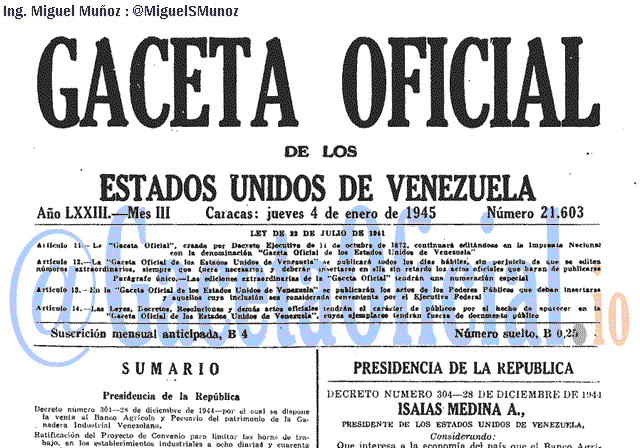 Gaceta Oficial 21603 del 4 Enero 1945