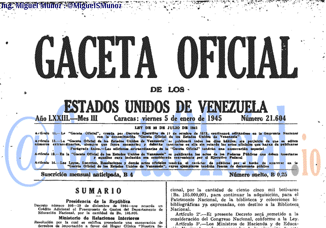 Gaceta Oficial 21604 del 5 Enero 1945