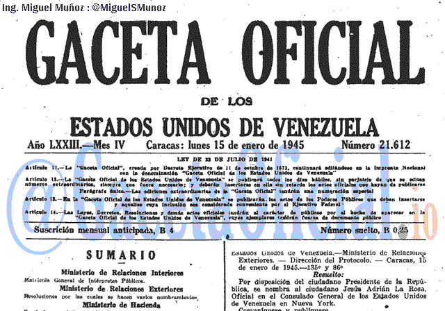 Gaceta Oficial 21612 del 15 Enero 1945