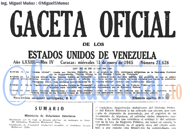Gaceta Oficial 21626 del 31 Enero 1945