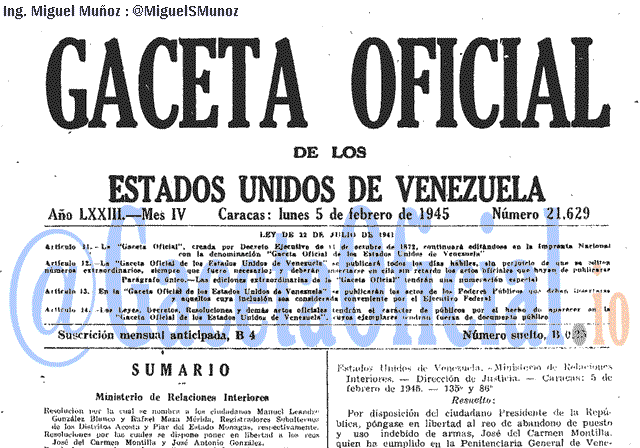 Gaceta Oficial 21629 del 5 Febrero 1945