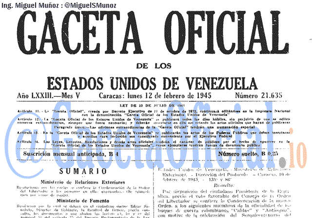 Gaceta Oficial 21635 del 12 Febrero 1945