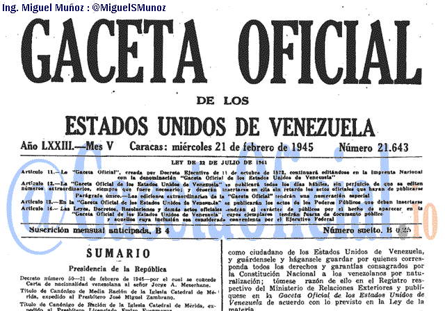 Gaceta Oficial 21643 del 21 Febrero 1945