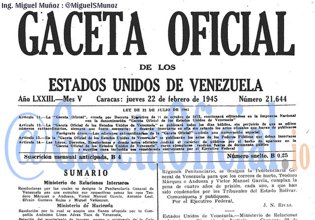 Gaceta Oficial 21644 del 22 Febrero 1945