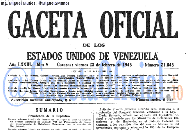 Gaceta Oficial 21645 del 23 Febrero 1945