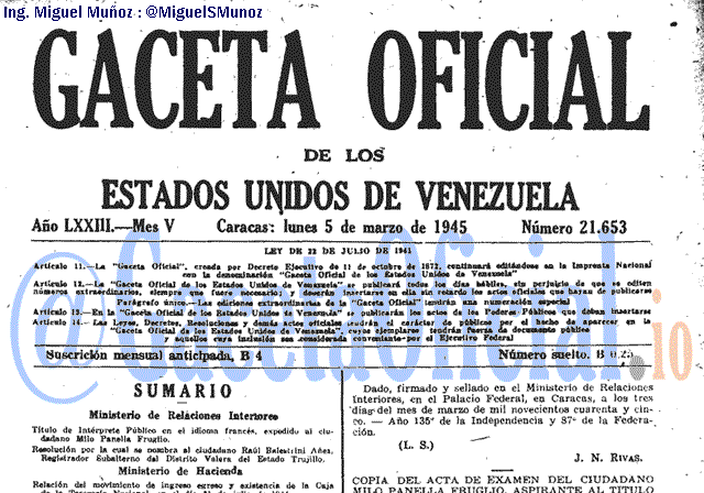 Gaceta Oficial 21653 del 5 Marzo 1945