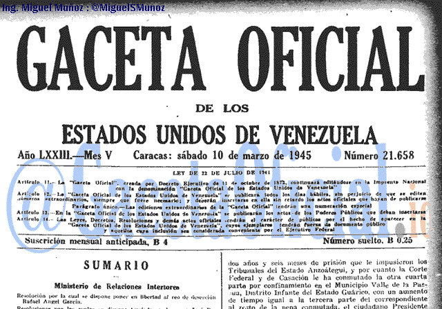 Gaceta Oficial 21658 del 10 Marzo 1945