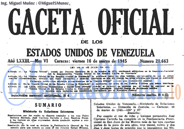 Gaceta Oficial 21663 del 16 Marzo 1945
