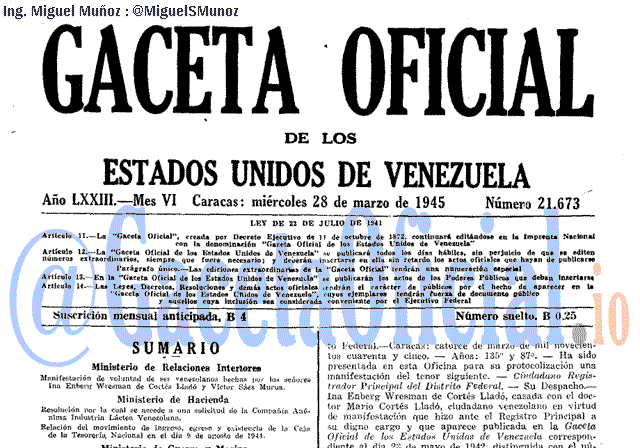 Gaceta Oficial 21673 del 28 Marzo 1945