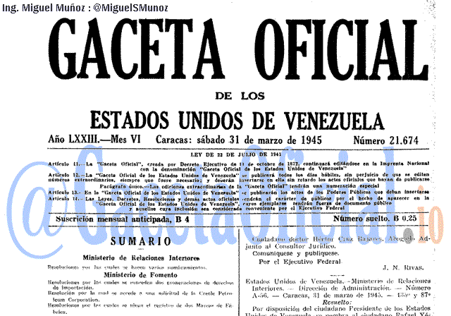 Gaceta Oficial 21674 del 31 Marzo 1945