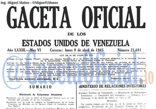 Gaceta Oficial 21681 del 9 Abril 1945