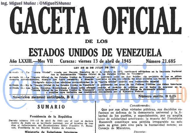 Gaceta Oficial 21685 del 13 Abril 1945