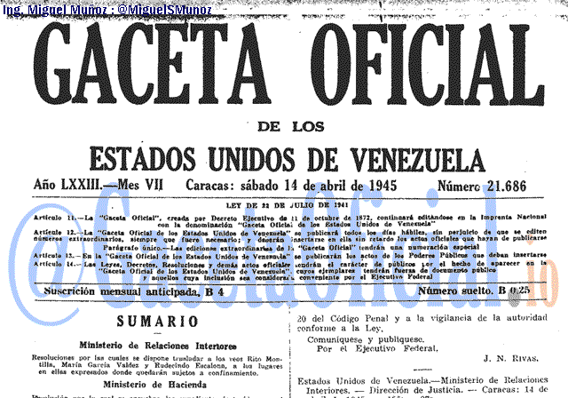 Gaceta Oficial 21686 del 14 Abril 1945