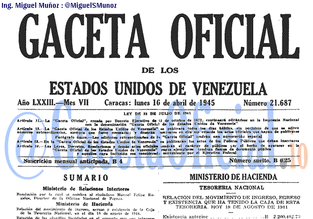 Gaceta Oficial 21687 del 16 Abril 1945