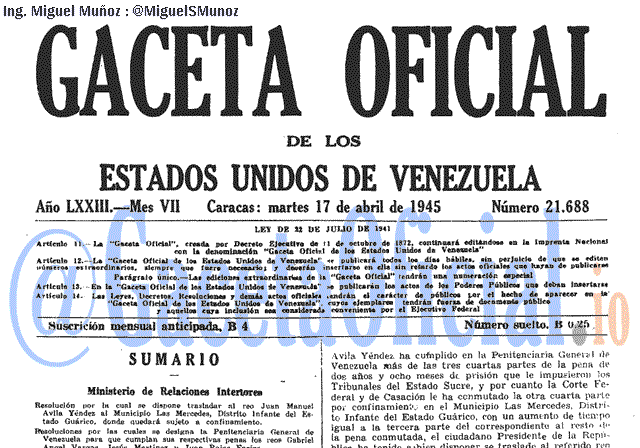 Gaceta Oficial 21688 del 17 Abril 1945