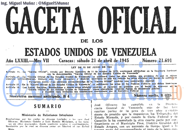 Gaceta Oficial 21691 del 21 Abril 1945