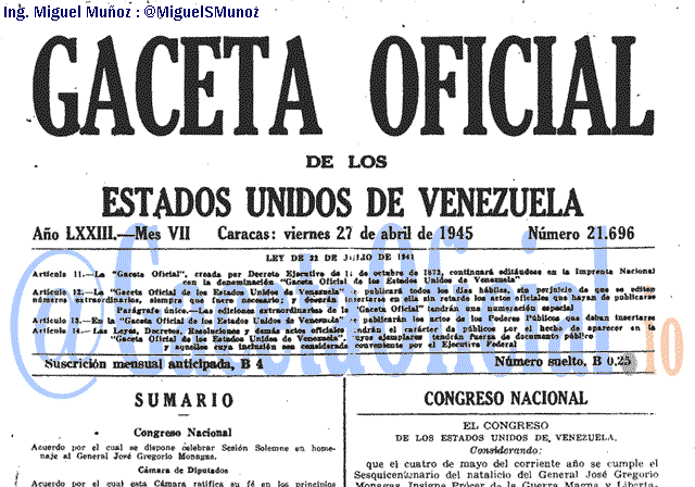 Gaceta Oficial 21696 del 27 Abril 1945