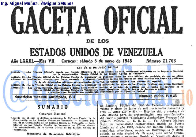 Gaceta Oficial 21703 del 5 Mayo 1945