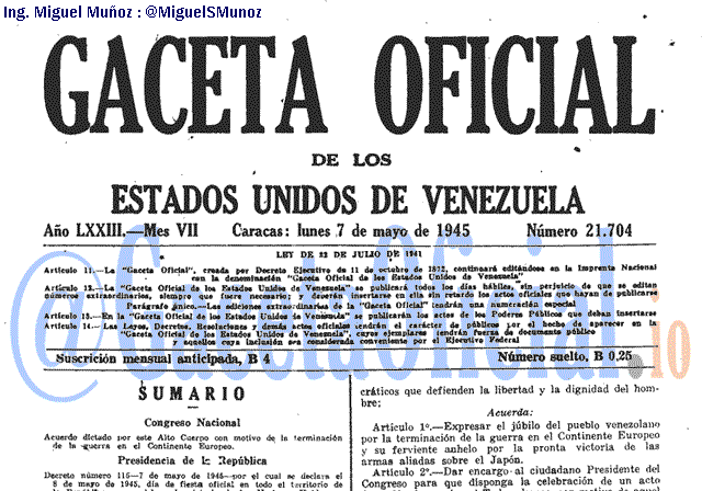 Gaceta Oficial 21704 del 7 Mayo 1945