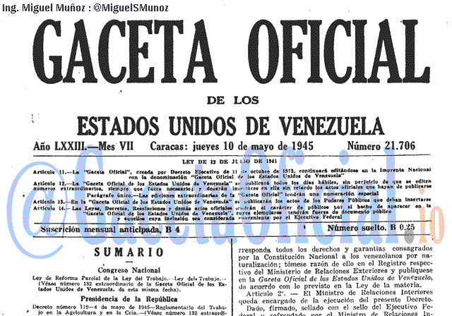 Gaceta Oficial 21706 del 10 Mayo 1945