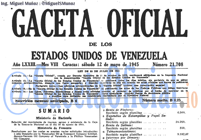 Gaceta Oficial 21708 del 12 Mayo 1945