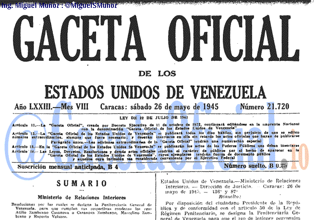 Gaceta Oficial 21720 del 26 Mayo 1945
