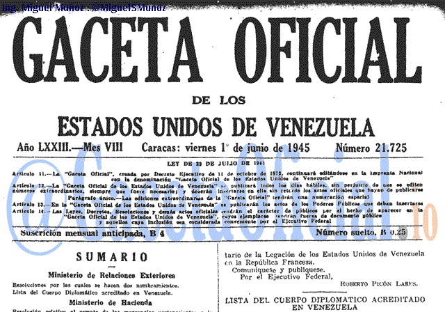 Gaceta Oficial 21725 del 1 Junio 1945
