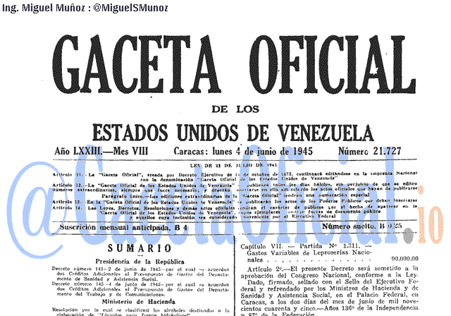 Gaceta Oficial 21727 del 4 Junio 1945