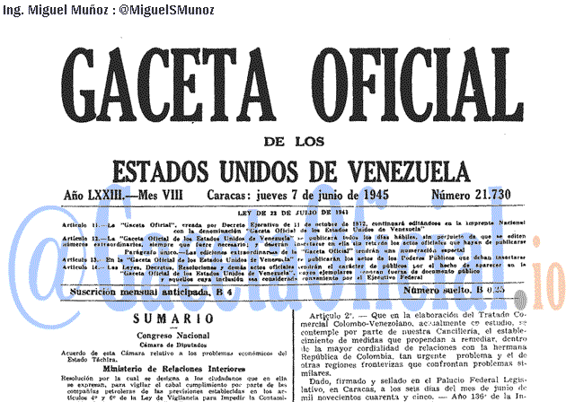 Gaceta Oficial 21730 del 7 Junio 1945
